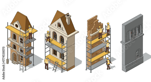 Construction workers building and restoring houses in isometric style
