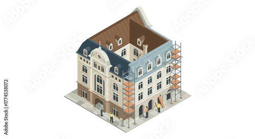 Historical building restoration in progress with scaffolding and workers isometric view