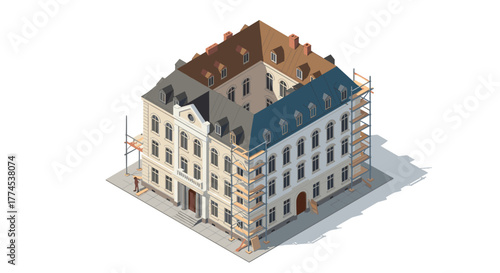 Isometric building restoration with scaffolding and diverse roof colors
