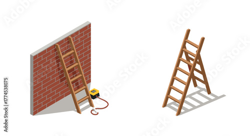 Isometric wooden ladders with brick wall and toolbox in 3d style