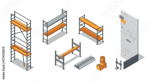 Isometric construction elements set with scaffolding and building tools
