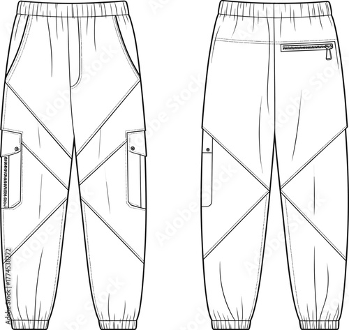 Cargo jogger pants flat sketch, elastic waistband design, utility pocket fashion CAD drawing, technical vector illustration, apparel design template, garment outline