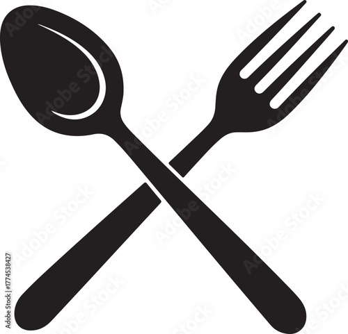 Crossed spoon and fork vector graphic icon silhouette for food service restaurant and kitchen design
