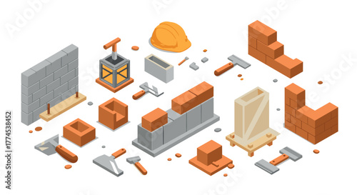 Isometric construction tools and bricks set for building projects