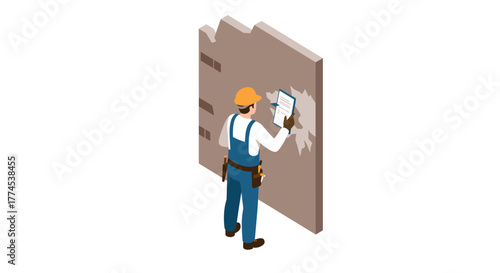 Construction worker inspecting damage on wall in isometric style