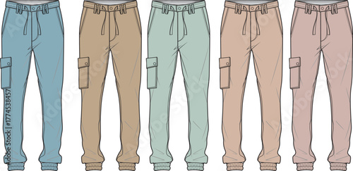 Collection of five pairs of jogger pants in different colors, showcasing style and comfort for everyday wear