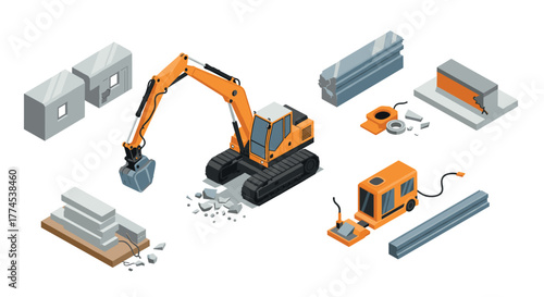 Isometric construction machinery and building materials set