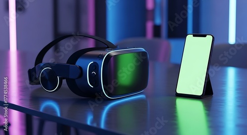 Virtual reality headset and smartphone with green screen on a table, illuminated by neon lights, representing technology and digital innovation