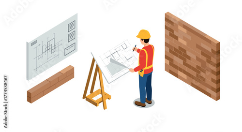 Construction planning isometric design with engineer and architectural blueprint