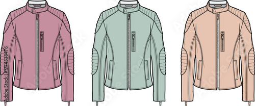 Set of women's biker jackets in different colors. Fashion flat sketch vector illustration template for apparel design