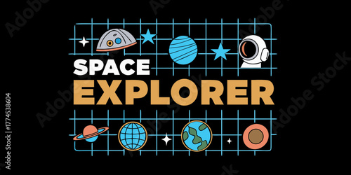 Retro space explorer design featuring planets astronaut helmet and stars on a grid