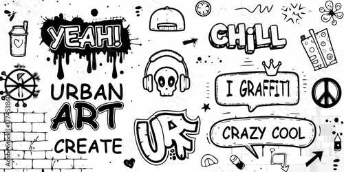 Collection of urban art doodles and graffiti elements including words and symbols on white background