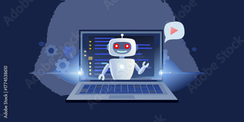 Friendly white robot waving from a laptop screen displaying code and a play button in a speech bubble