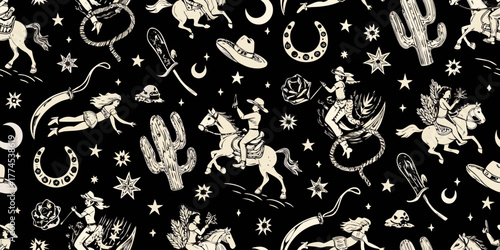 Whimsical western pattern with cowgirls horses cacti and stars on black background