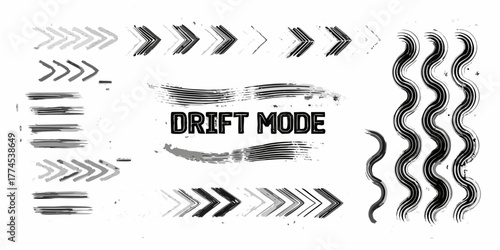 Collection of grunge brush stroke arrows wavy lines and the text drift mode