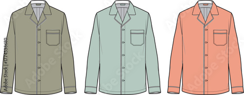 Set of three long-sleeved casual shirts in muted tones olive green, seafoam green, and peach