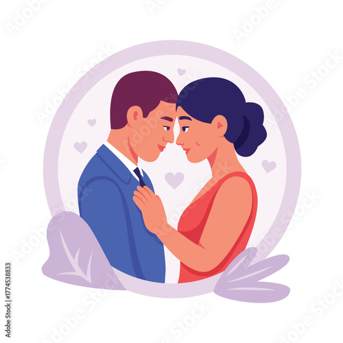 Flat illustration of loving couple hugging tenderly, expressing affection and warmth
