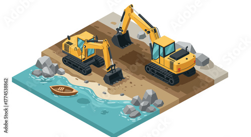 Isometric beach construction with excavators and boat