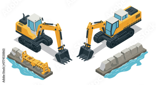 Isometric excavators near river and rocks in construction scene