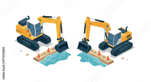 Construction site excavators digging near water in isometric style