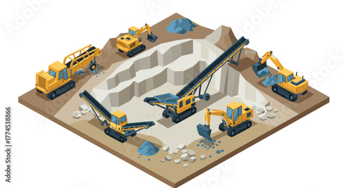Isometric construction site with heavy machinery in quarry setting