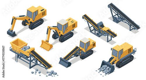 Isometric heavy construction equipment set with excavators and conveyors