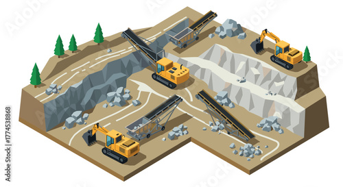 Isometric quarry scene with excavators and conveyors in a rocky landscape