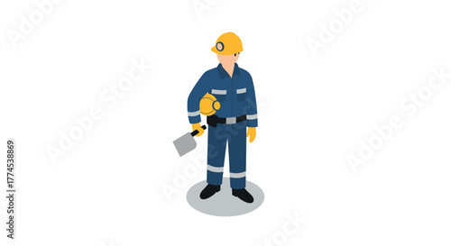 Construction worker in safety gear holding trowel in isometric uniform design