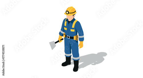 Isometric construction worker in blue safety gear with tools on white background