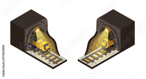 Isometric mining tunnel with industrial machinery and tracks