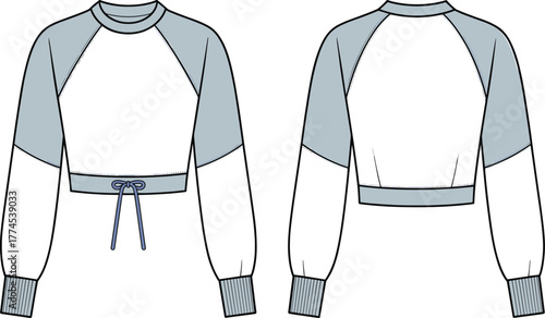 Cropped sweatshirt, long sleeve, color block, drawstring hem, ribbed cuffs, round neck, fashion flat sketch, vector apparel, cad drawing, garment template