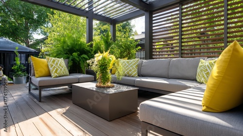 A cozy patio setting featuring a contemporary sofa with patterned cushion covers, surrounded by greenery, a flower vase centerpiece, and soft sunlight casting gentle shadows.
