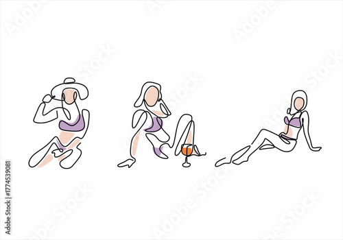 Continuous Line Art of Women Relaxing in Swimwear. line icon-continuous line drawing. Editable stroke.