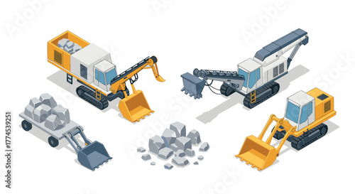 Isometric heavy construction machinery with excavators and loaders