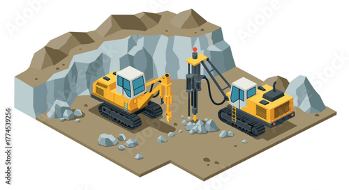 Isometric construction scene with excavator and drill in quarry setting