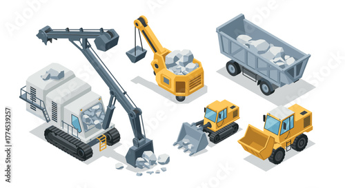 Isometric construction vehicles with excavators and trucks carrying rocks