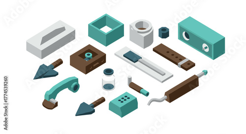 Isometric vintage technology components set with retro colors