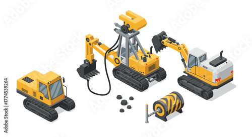 Isometric yellow excavators and heavy machinery on white background