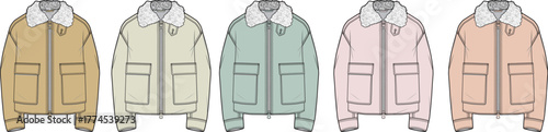 Collection of stylish bomber jackets with faux fur collars and pockets, presented in soft pastel colors for modern casual fashion design