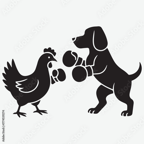 A Chicken and Dog in Boxing Gloves Face Off in a Silhouetted Match