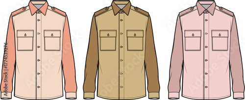 Set of three men's long-sleeved button-up shirts with flap pockets in pink and brown tones. Technical flat fashion sketch vector illustration for apparel design and clothing templates