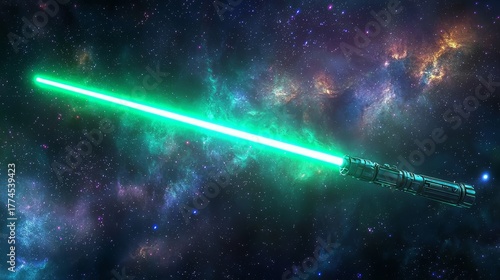 Cosmic wonders like stars and nebulae frame the brilliance of a green lightsaber.
