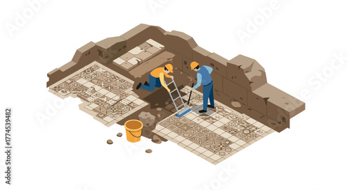Isometric archaeological site with workers restoring ancient mosaic floor