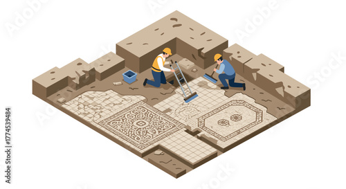 Isometric archaeological excavation scene with workers restoring ancient mosaic tile flooring