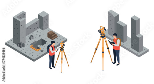 Isometric surveyors at construction site with theodolites and building blocks