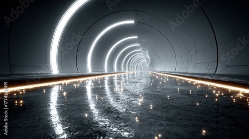 Fototapeta Naklejka Na Ścianę i Meble -  Futuristic, illuminated tunnel with glowing lights receding into the distance. Dark, polished surface