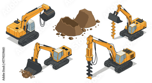 Isometric construction machinery featuring excavators and drills with earth piles