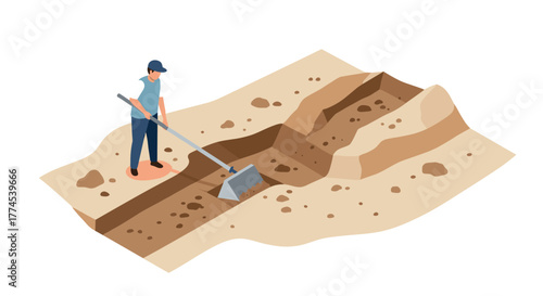 Isometric worker digging trench with a shovel in sandy terrain