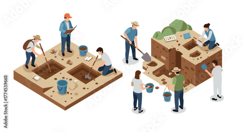 Isometric archaeological excavation scene with diverse team and artifacts