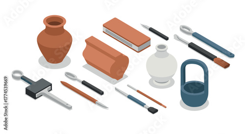 Isometric pottery tools and ceramics on white background